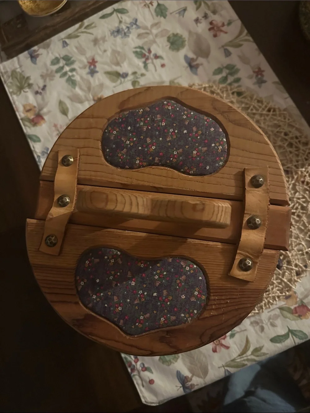 Vintage Wooden Sewing Basket with Navy Floral Fabric Trim
